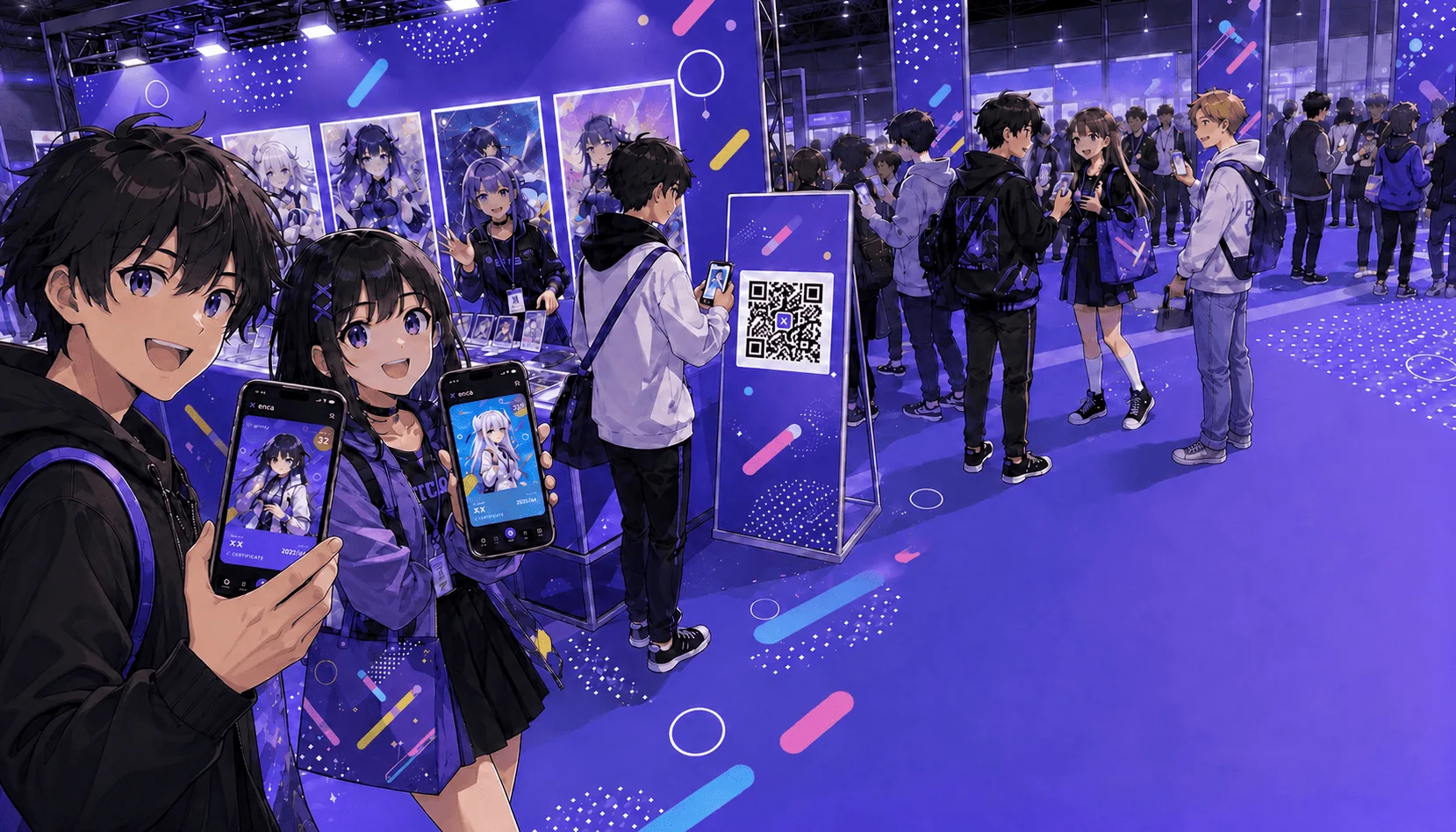 イベント会場でエンカカードを見せ合い、QRから参加する来場者たち
